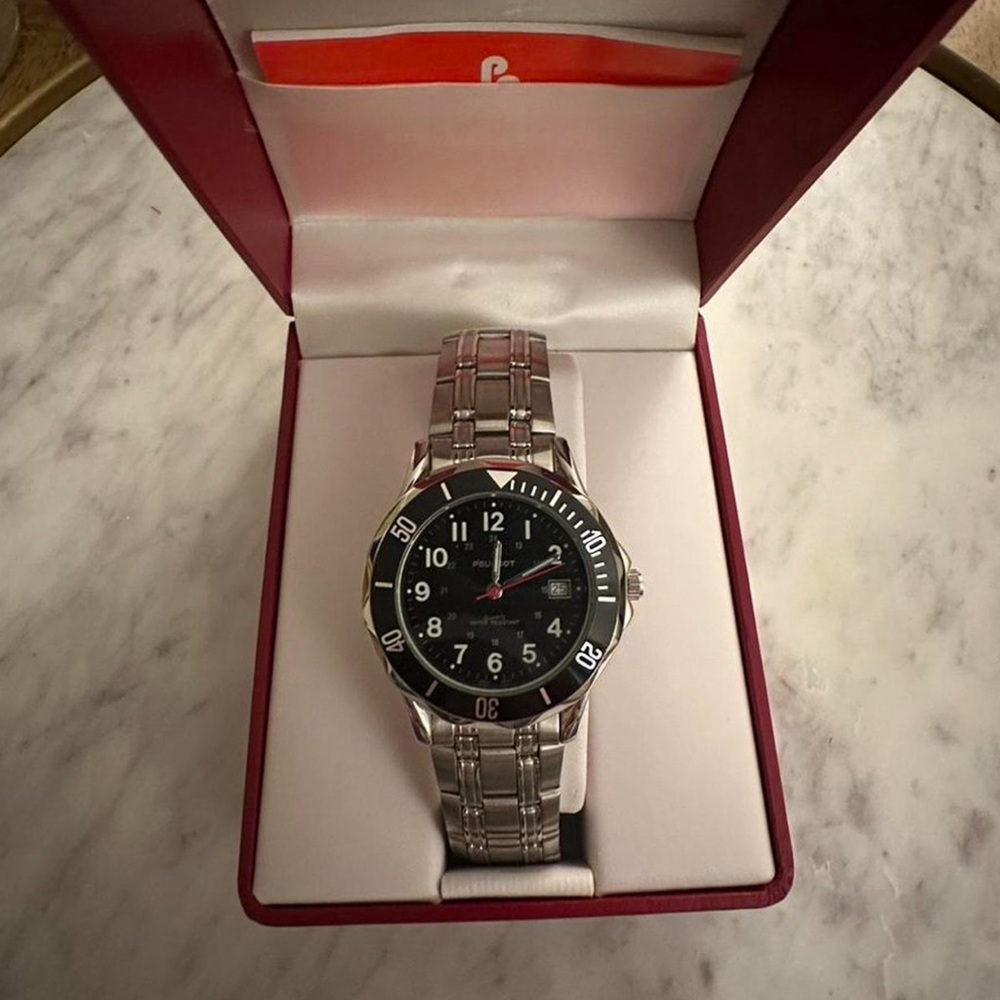 Peugeot Silver Stainless Steel Watch with Black Dial